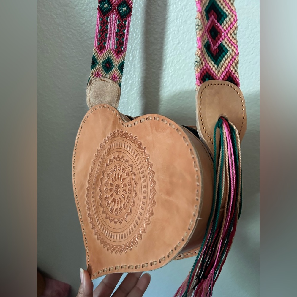Mexican artisan leather heart shaped crossbody